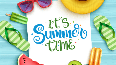 Pictures of summer items including sunglasses, a hat, popsicles, watermelon and flip flops with the words "It's Summer Time" in the center.