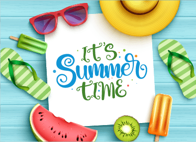 Pictures of summer items including sunglasses, a hat, popsicles, watermelon and flip flops with the words "It's Summer Time" in the center.