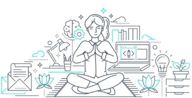 Mindfulness - modern line design style web banner on white background with copy space for text. Composition with a woman meditating in lotus position at work