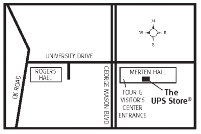 map of Mason University campus showing The UPS Store location in Merten Hall